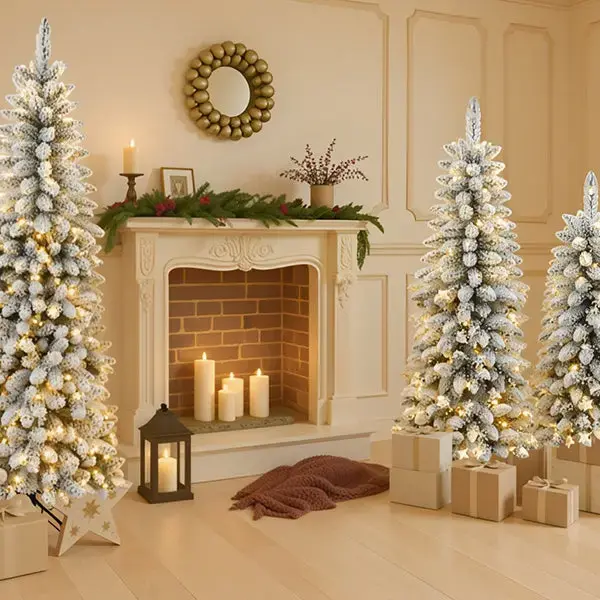 3 Pcs Flocked Artificial Christmas Tree Set with Lights, 4ft 5ft 6ft Christmas Snow Tree Set, Christmas Decor